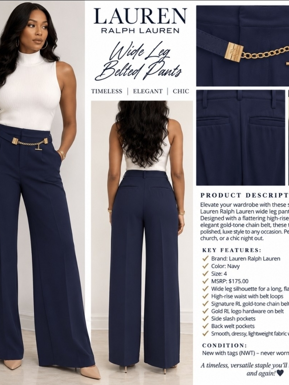 Lauren Ralph Lauren Navy Wide-Leg Belted Pants with Gold Chain Accent